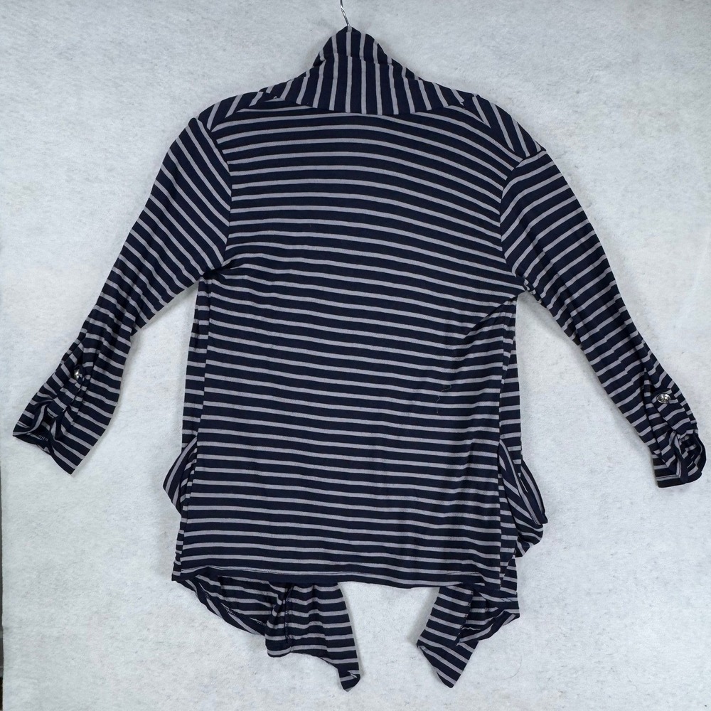 H.I.P. Navy Blue Grey Striped Open Front Cardigan Sharkbite Hem Pockets Medium - Picture 8 of 8